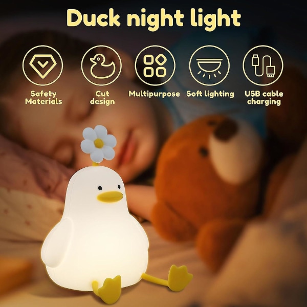 Cute Flower Duck Led Night Light, Genopladelig 3d Animal Soveværelseslampe, Squishy Duck Touch Sensor Timing sengelampe til børn Gave