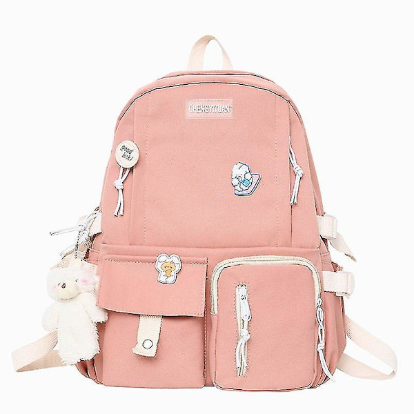 Studenter Skole Taske Tegneserie Studenter Dreng Og Pige Nylon Skole Taske Rygsæk Tilbage Til Skolen Gave Med Badge + Bjørn Vedhæng - Snngv（Pink）