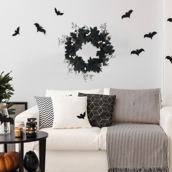 Rustikk inngangsdørkvister Garland Bladpynt Halloween-dekor Veggmontert kunstig svart krans（D，svart）