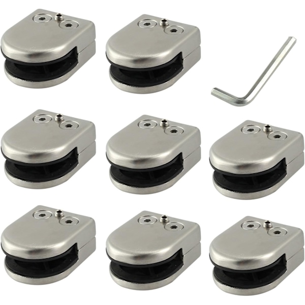 Set med 8 Glasklämmor i Rostfritt Stål 304, Platta Bakre Fästklämmor för Handräcken, Passar 8-10 mm Glas