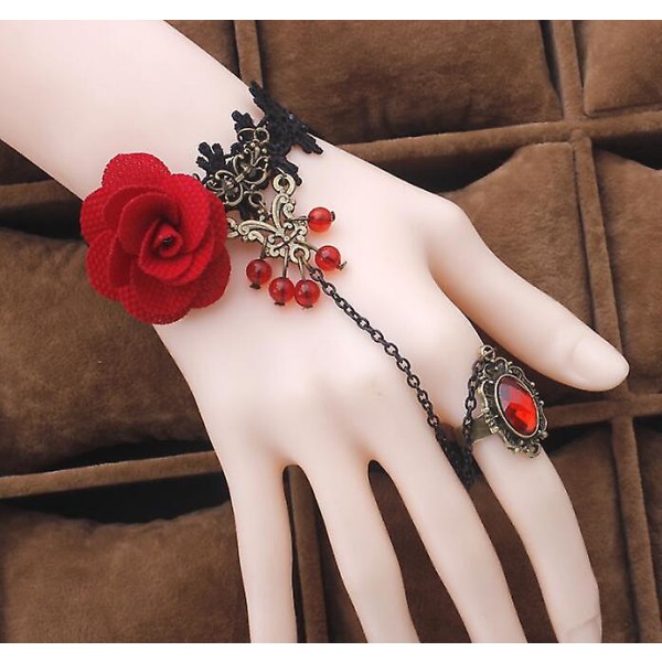 Kvinner gotisk stil blonder rød rose armbånd kjede med justerbar finger ring