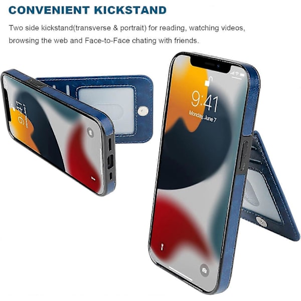 iPhone 13 Skal Plånbok med Kortfack, Premium Läder Magnetisk Spänne Stativ Tjockt Skyddande Omslag för iPhone 13 6.1 tum (Blå)
