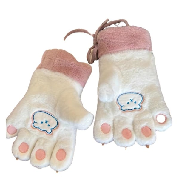Söta björnpälshandskar för flickor att hålla sig varma på vintern Söta Plus sammet och förtjockade björnklor (vit rosa)