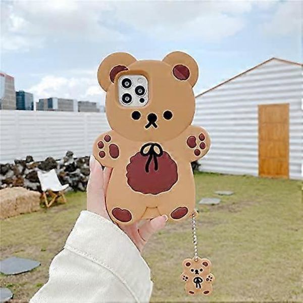 Ultra Tjockt Mjukt Silikonfodral med för Apple 3D Cartoon Färg Söt Söta Roliga Bedårande Kawaii Barn Flickor Pojkar (Brun Färg Teddybjörn med Charm, för