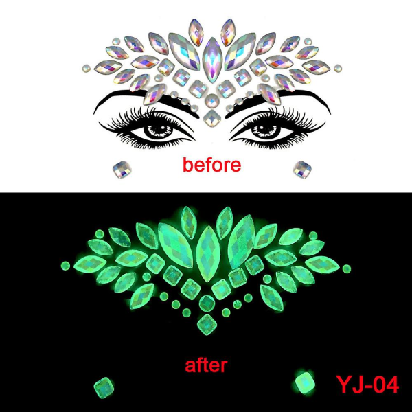Noctilucent Face Gems Stickers Lysande tillfälliga tatueringar för kvinna Självhäftande Vattentät Glitter Strass Kroppsögon Juveler Easter Rave eller Festiv