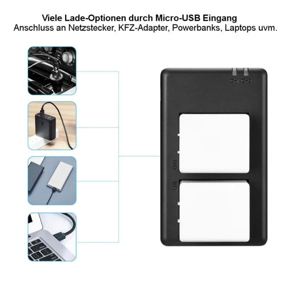 Trade-Shop Dubbelladdare av hög kvalitet för A-4A, 308-10069-01 Li-Ion-batterier - lämplig för Arlo Pro 3, Ultra, Ultra+ kameror / med mikro-USB-kabel
