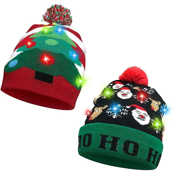 2-pack Jultomtehatt med LED-ljus, Julmössa Stickad, 6 Färgglada LED Unisex Nyhet LED Julhatt Fultröja Semestermössa för Barn