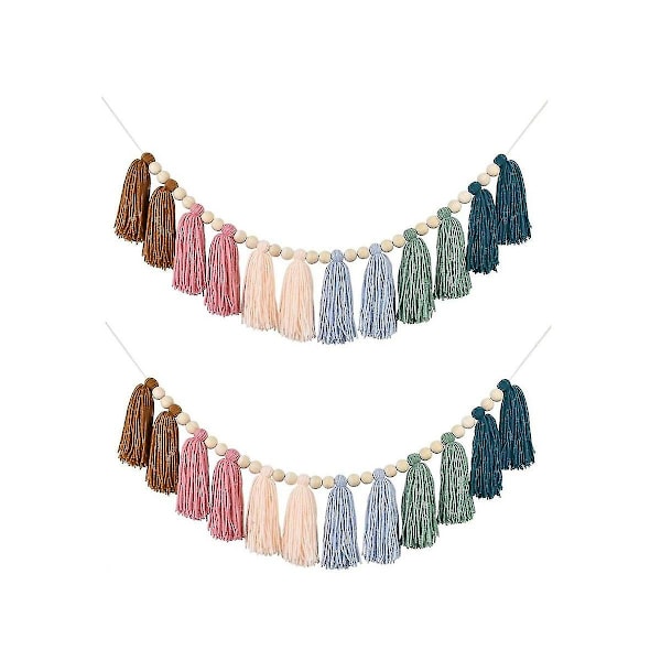 2 st regnbågsformade boho-girlander med träpärlor, färgglada väggdekorationer för fester och babyshower