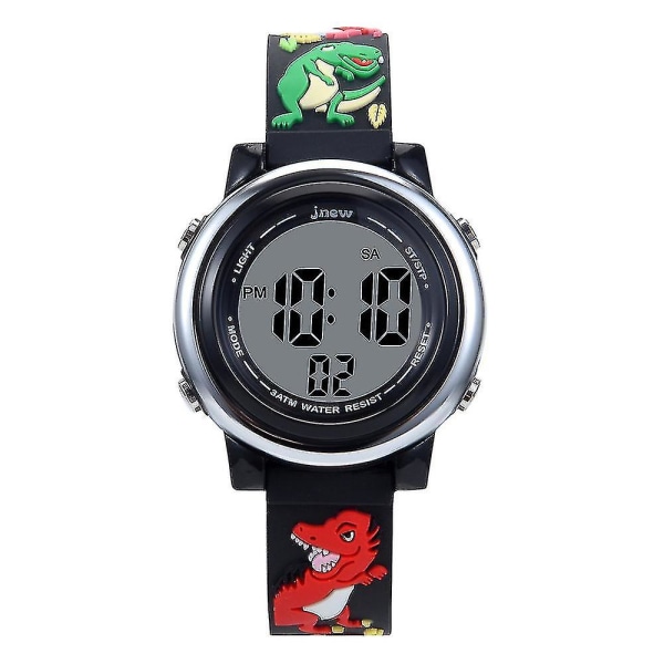 Kids Led Dinosaur Watch Tegneserie digitalt armbåndsur Vanntett 7 fargelys med alarm Stoppeklokke gaver (Sort)