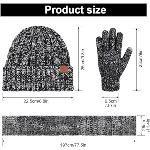 3-delt vinterlue, skjerf og berøringsfølsomme hansker sett for menn og kvinner, lue, hansker og halsvarmer sett med varm strikket fleecefôr (svart)