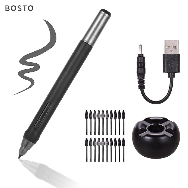 Bosto Genopladelig Pen Digital Pen 8192 Levels Pressure Stylus Pen med 20 stk. Pen Nips Penholder（Indbygget batteri）