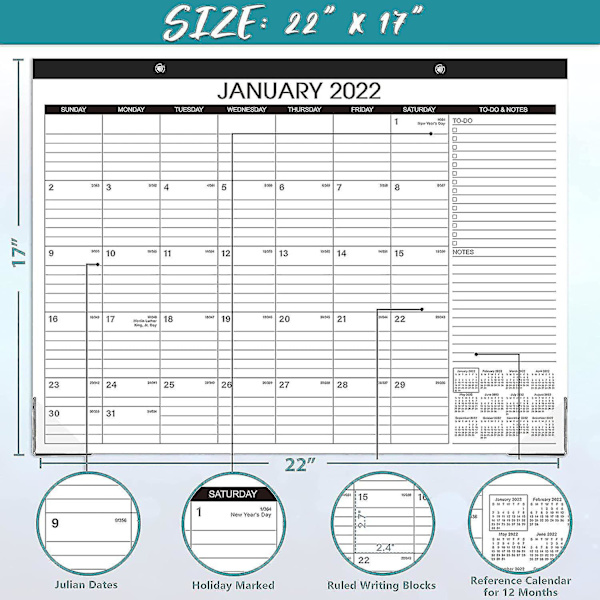 2022 Skrivbordskalender - 2022-2023 43,18 cm x 55,88 cm, jan 2022 - jun 2023, 18 månaders plan, stort horisontellt block, riv av design, 2 hörnskydd A