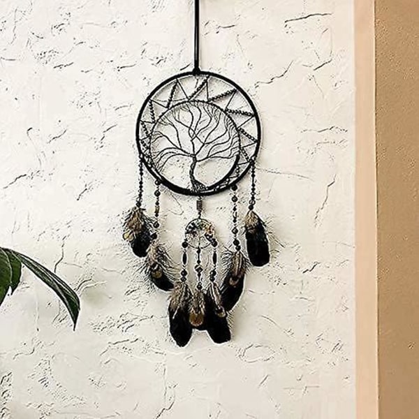7 Chakran Livets Träd Drömfångare Väggdekor, Regnbåge Helande Kristallsten Handgjord Svart Fjäder Drömfångare Vägg Hängande Ornament