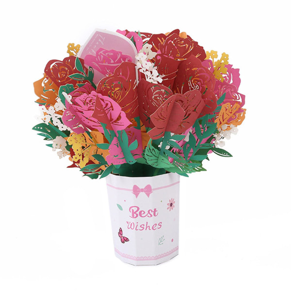 100 % uusi, kortti Ruusu/lilja/auringonkukka/tulppaani Tropical Bloom Paper Flowers 3D Pops-up -kimppu (21*27.5*8CM，Monivärinen)