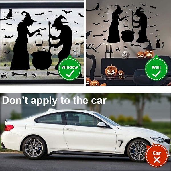 Halloween Dekoration, Wall Decals Vindues Dekoration Festartikler, 2 Heks med Flagermus Edderkop Katte og Krager