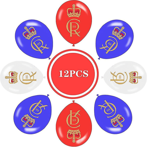 12 stk rødt hvitt blått ballongsett, 2023 King Charles Iii kroningskonfettiballonger med kronetrykt, lateksballonger for kongelig temafestdekorat