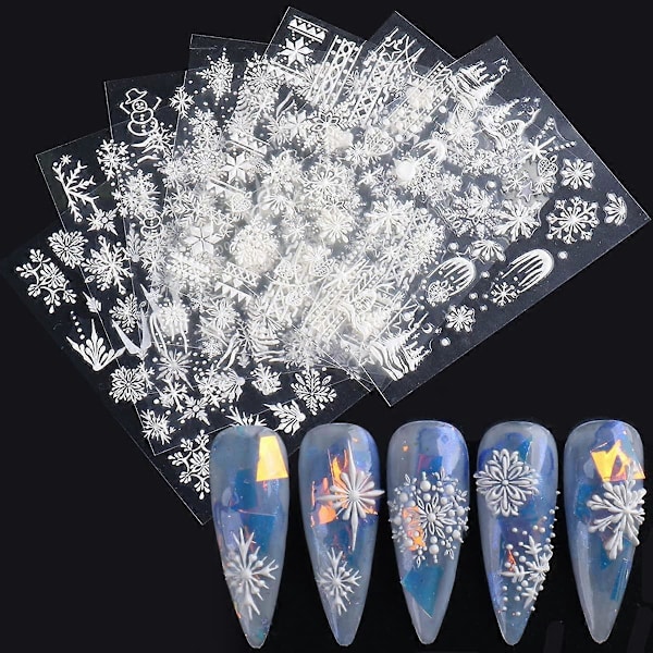 Snöflinga Nagelkonst Dekaler Klistermärken Jul 5D Präglad Fransk Vit Snöflinga Nagelkonst Tillbehör Självhäftande Nagelkonstmaterial Klassisk Höst Wi