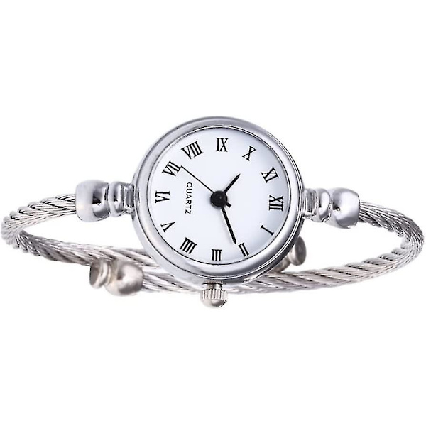 Dam Silver Cable Vit Urtavla Analog Kvarts Bangle Klocka Med Metallband Manschett Armband Klocka Mode Dagliga Armbandsur För Flickor Kvinnor Romerska Siffror