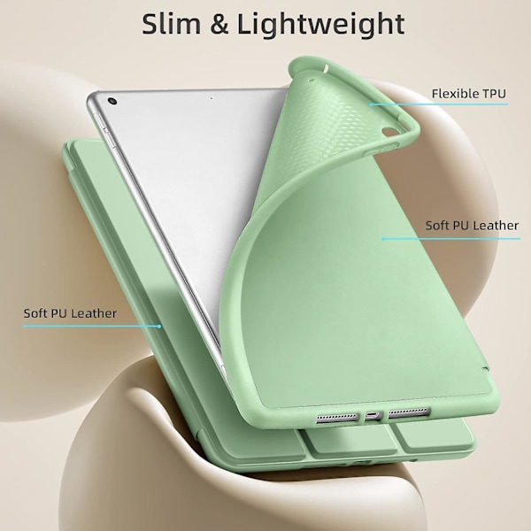 Fodral Kompatibelt med iPad 10.2 Tum iPad 9:e/8:e Generationen & iPad 7:e Generationen med Pennhållare, Skyddsfodral med Mjuk TPU-baksida, Matcha Grön