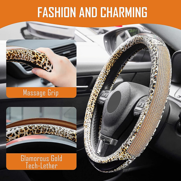 Diamant Rattmuff med Bling Rhinestones Leopardmönster Läder Universell Passform 15 Tums Bilratt