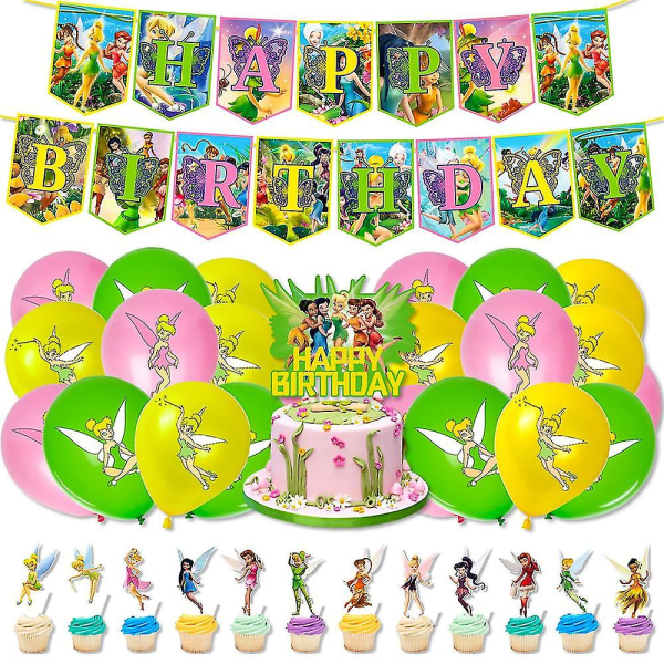Tinker Bell-tema til bursdagsfestdekorasjoner inkluderer banner, ballonger, cupcake kake topper, Fairytale Fairy Party Favors