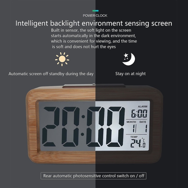 Digital LED-träväckarklocka Smart Sensor Nattljus med Snooze Datum Temperatur 12/24 timmar omkopplingsbar (Solid Wood Double Color)