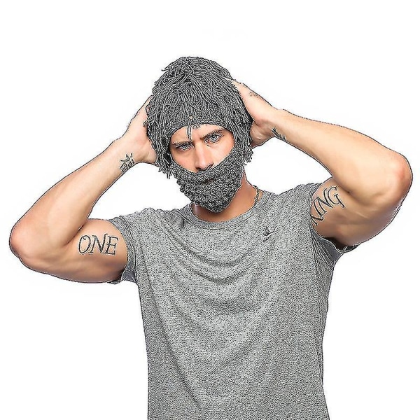Stickad skäggperuk hatt skidmask Handgjord kreativ skäggperuk varm cap för vintern（grå）