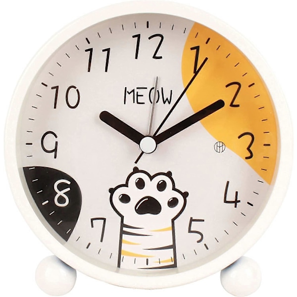 4 tum Rund Väckarklocka Söt Cartoon Cat Paw, Bakgrundsbelysning, Batteridriven, Tyst, Analog Väckarklocka för Sovrum, Sängbord, Skrivbord, Vit