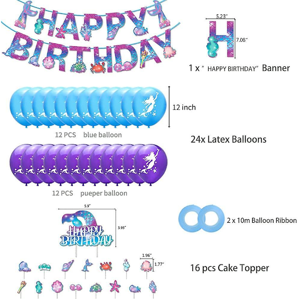 Sjöjungfru Födelsedagsfest Dekorationer Set, Sjöjungfru Festtillbehör, Grattis På Födelsedagen Banderoller Sjöjungfru Ballonger Sjöjungfru Tårta Cupcake Topper För Flickans Sjöjungfru