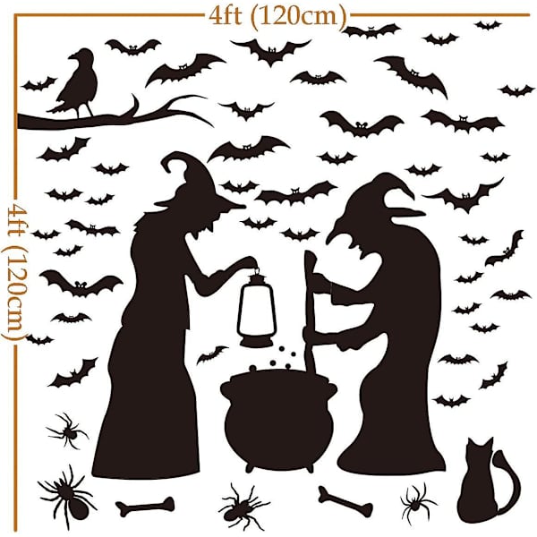 Halloween-koristeet, seinätarrat, ikkunakoristeet, juhlatarvikkeet, 2 noitaa lepakoilla, hämähäkeillä, kissoilla ja variksilla