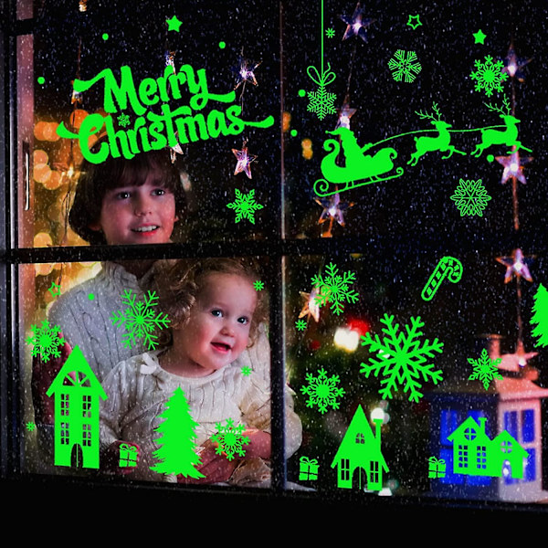 Jul Glow in the Dark Vindue Dekoration Stickers, 68Pcs Nat Luminous Stjerner Snefnug Renser Stickers