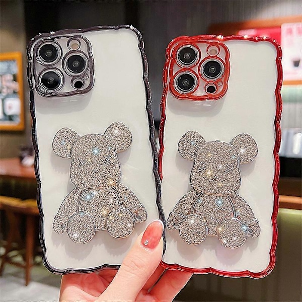 iPhone 13 Telefonfodral Teddy Candy Bear Kawaii Glittrande Diamant Söt 3D Elektropläterad Vågkant Mjuk TPU Stötsäker för Kvinnor och Flickor-A30115A