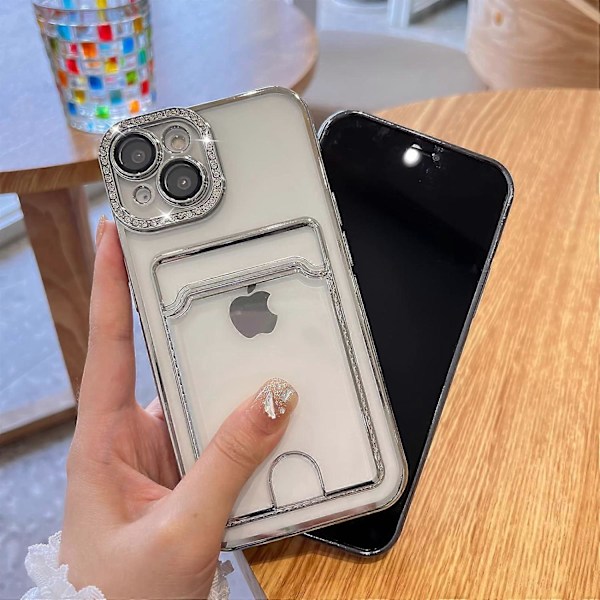 Pläterad Plånboksfodral för iPhone 13, Bling Glitter Diamant Kortinnehavare Kameraskydd Lyxigt Fodral + 2* , Kortfack Elegant