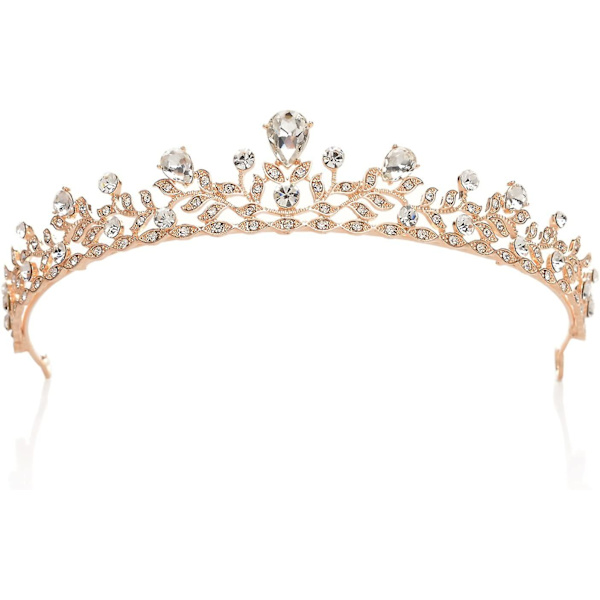 Glittrande kristallkrona prinsessdiadem strassblad bröllopshår smycken, roséguld