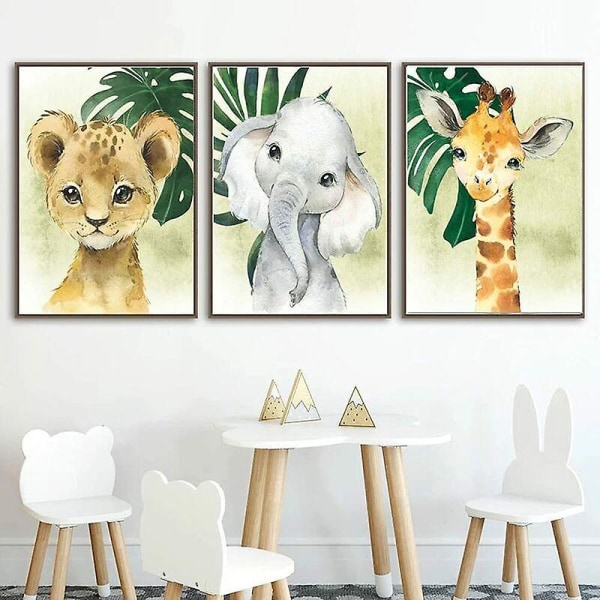 Dontodent sett med 3 safaridyr Plakat Jungle Giraffe Løve Elefant Palmetre Veggkunst 30x40 Barn Baby Gutt Jente Soverom Lerretsdekorasjon Gaveramme