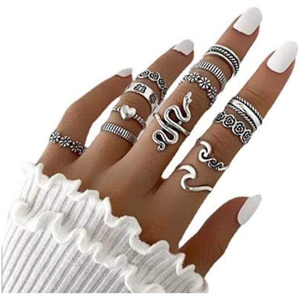 13 st Boho-ringar i silver, knogringar, statement-ormringar, set för tonårsflickor, Fesvital smycken, Halloween-fest, julklapp