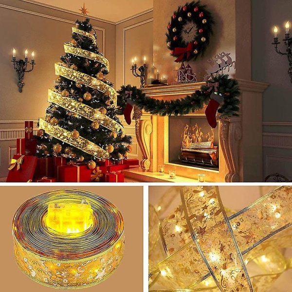 6 juletrepynt hengende silkebåndslys LED-lys Julepynt Julebåndsstrenglys（200cm20 lys，Gyldent varmt）