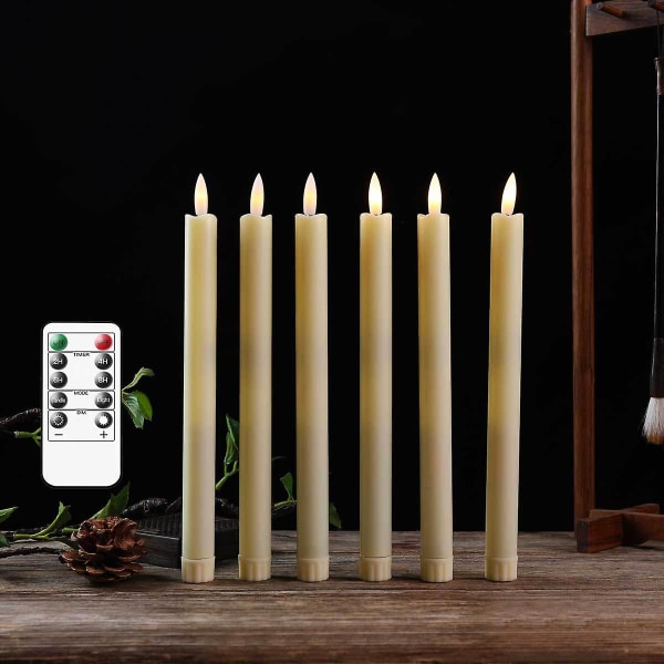 Flammefri elfenben taper stearinlys Batteridrevet LED varm farve 3D Wick stearinlys Julehjem bryllup dekoration 6 Pack.