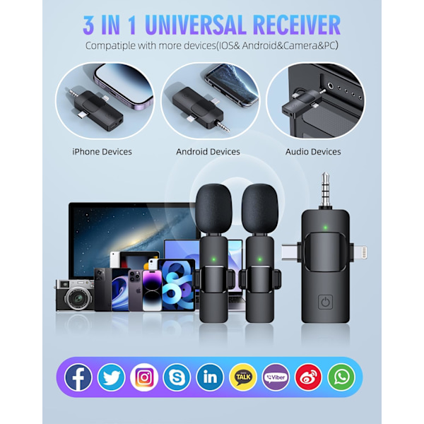 3-i-1 Trådløs Lavalier-mikrofon for iPhone, Android, Kamera, USB-C Mikrofon, Mini Mikrofon med Støyreduksjon for Videoinnspilling, Vlogg
