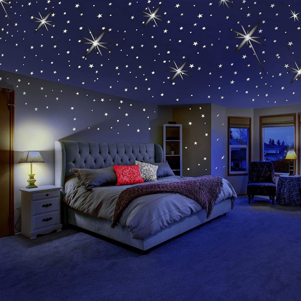 Glow Star -katto- tai -seinätarra - Hehkuva seinätarra Huoneen sisustussarja - Glow Star set ja aurinkojärjestelmän tarra, lasten makuuhuoneen sisustus