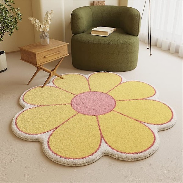 Mjuk och fluffig blommatta för barnrum, Shaggy kronbladformad matta, halkfri rund nordisk dekorationsmatta för sovrum, vardagsrum (60cm, gul)