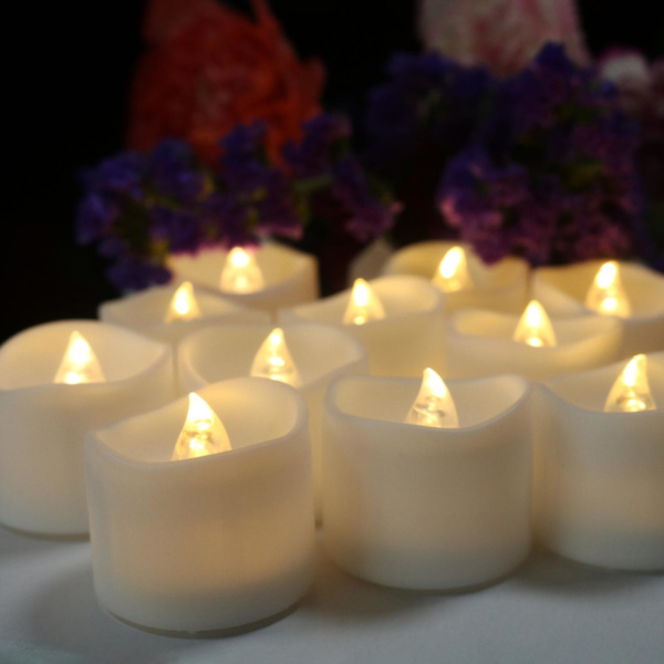 Flamlösa LED-värmeljus, brinner 5 dagar längre, batteridrivna LED-votivljus, 12 st flimrande värmeljus med varmt vitt ljus för bröllop, Va