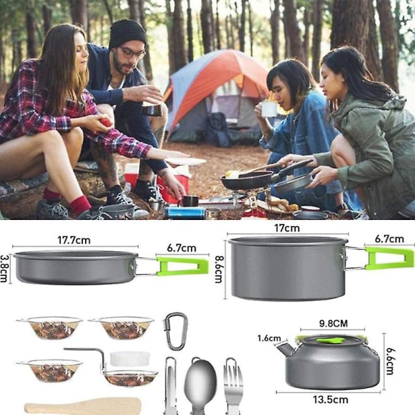 Ulkokattila set kannettava retkeilyliesi vedenkeitin piknik-grillipannu set(vihreä)
