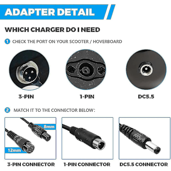 42v 2a Laddare Adapter Strömförsörjning för Elektrisk Scooter Balansering Cykel DC Laddare Universell 5,5mm X 2,1mm / 5,5mm X 2,5mm Anslutning