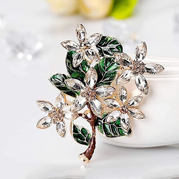 Dam Blommig Grön Blad Strass Brosch Pin