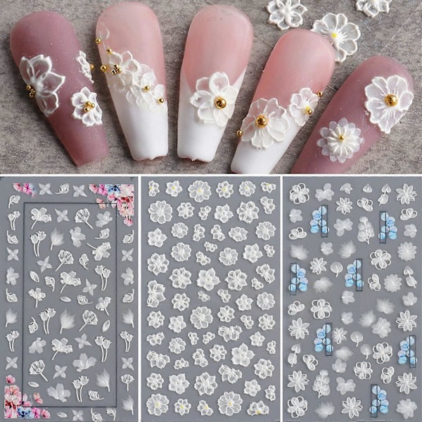 Blomster Nagelsticker Dekaler 5D Ihålig Utsökt Mönster Nagelkonst Tillbehör Självhäftande Lyxig Nagelkonst Dekoration Vit Fjäder Spets Blomma Löv