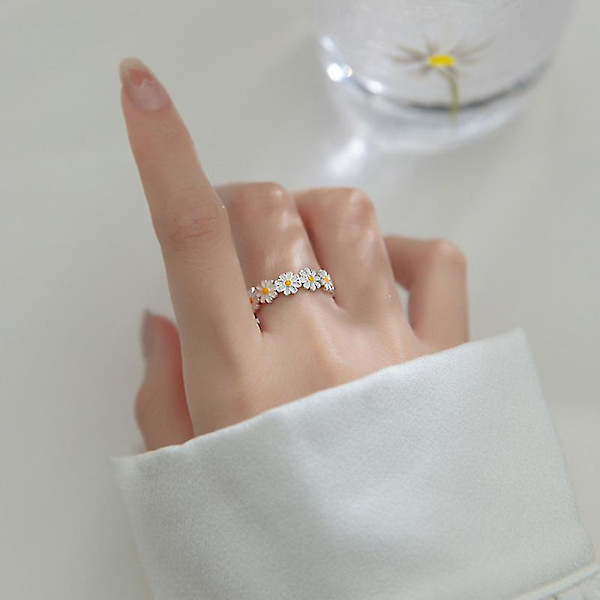 Vacker Daisy Blomma Öppen Statement Ring Sterling Silver 925 Justerbar Solros Bröllop Förlovningsring Tåring Finger Rem Tidlös Fint Smycke