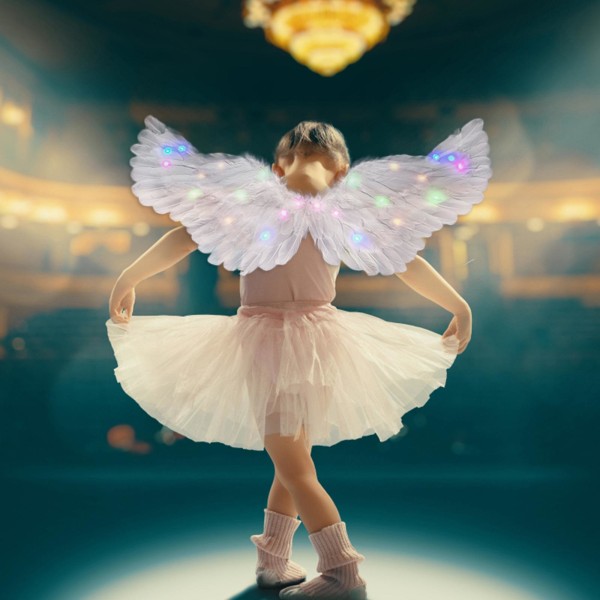 Angel Wings, Light Up Angel Wings og Halo med LED-lys, White Angel Wings kostume til voksne børn（65*35 cm，Multicolor）