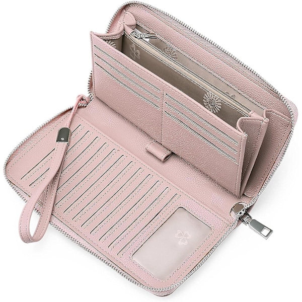 Damplånbok RFID-blockerande Läder Zip Around Plånbok Stor Kapacitet Lång Plånbok Kreditkortskoppling Handledsrem - Rosa