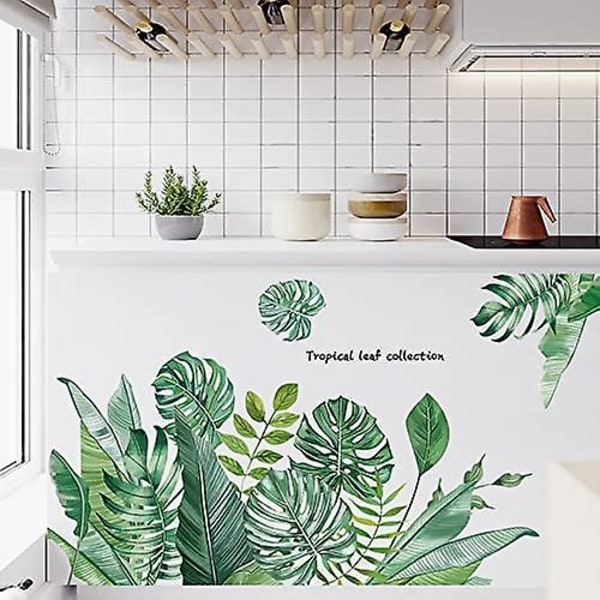 Ghyt grønne tropiske blader veggdekor, natur palmetre bladplanter veggklistremerke kunst veggmalerier, vanntett selvstendig veggdekor